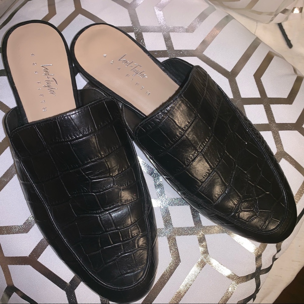 Lord & Taylor Black Crocodile Leather Slip Ons